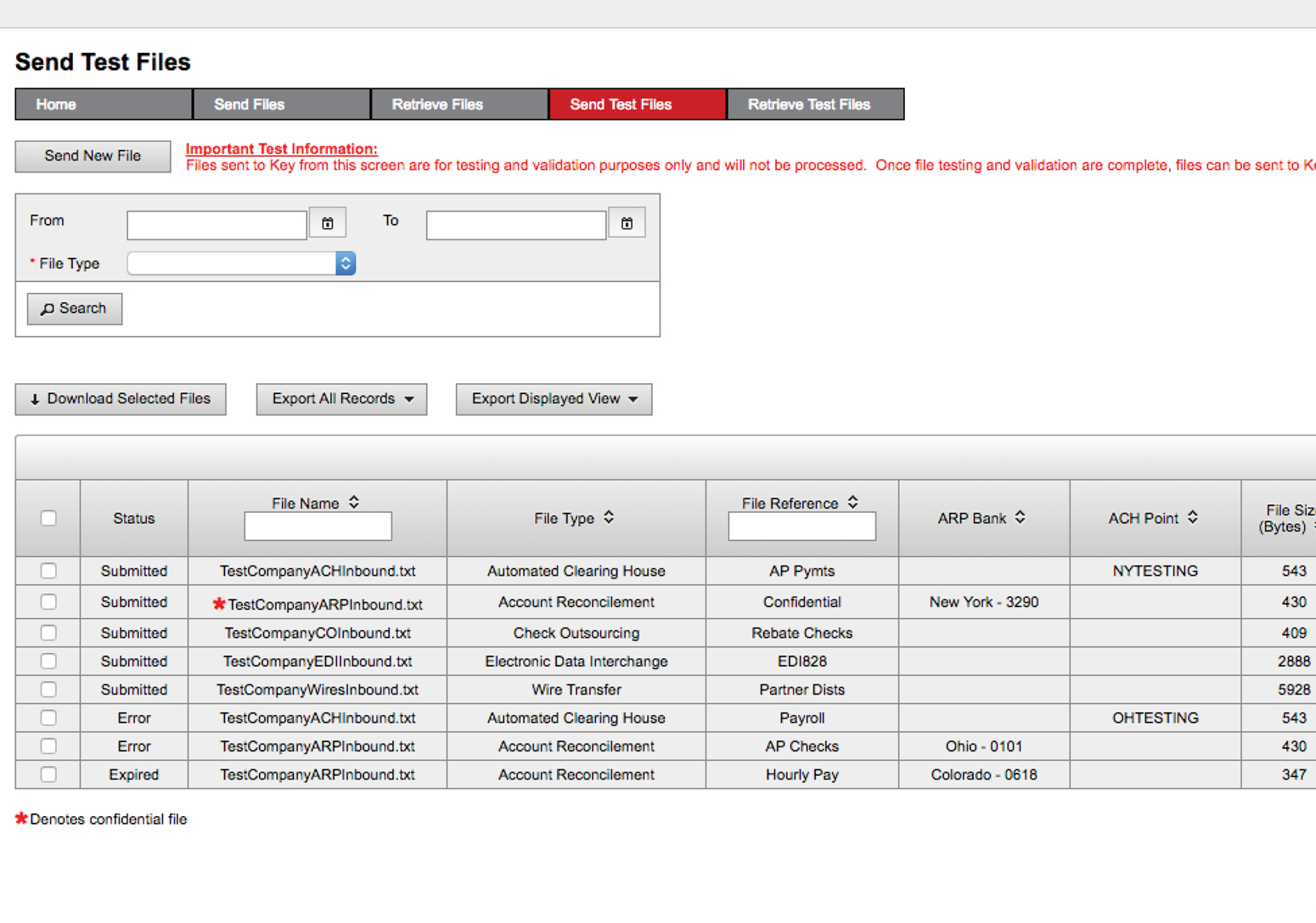 Screenshot showing You can send test ACH, ARP, Check Outsourcing, EDI, and Wire files to KeyBank