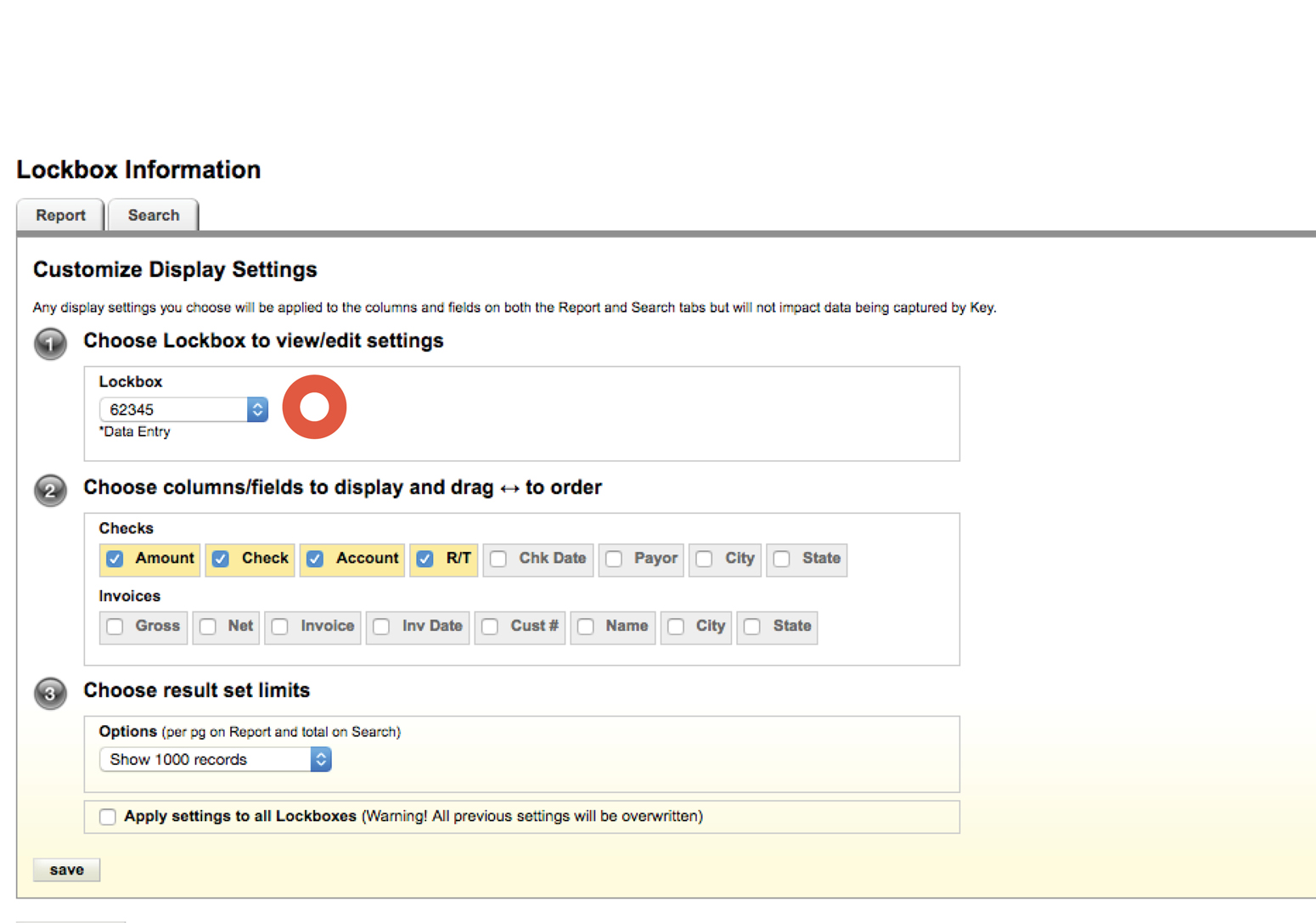 Screenshot showing how You can change display settings for a given lockbox. First, select the lockbox from the Lockbox dropdown.